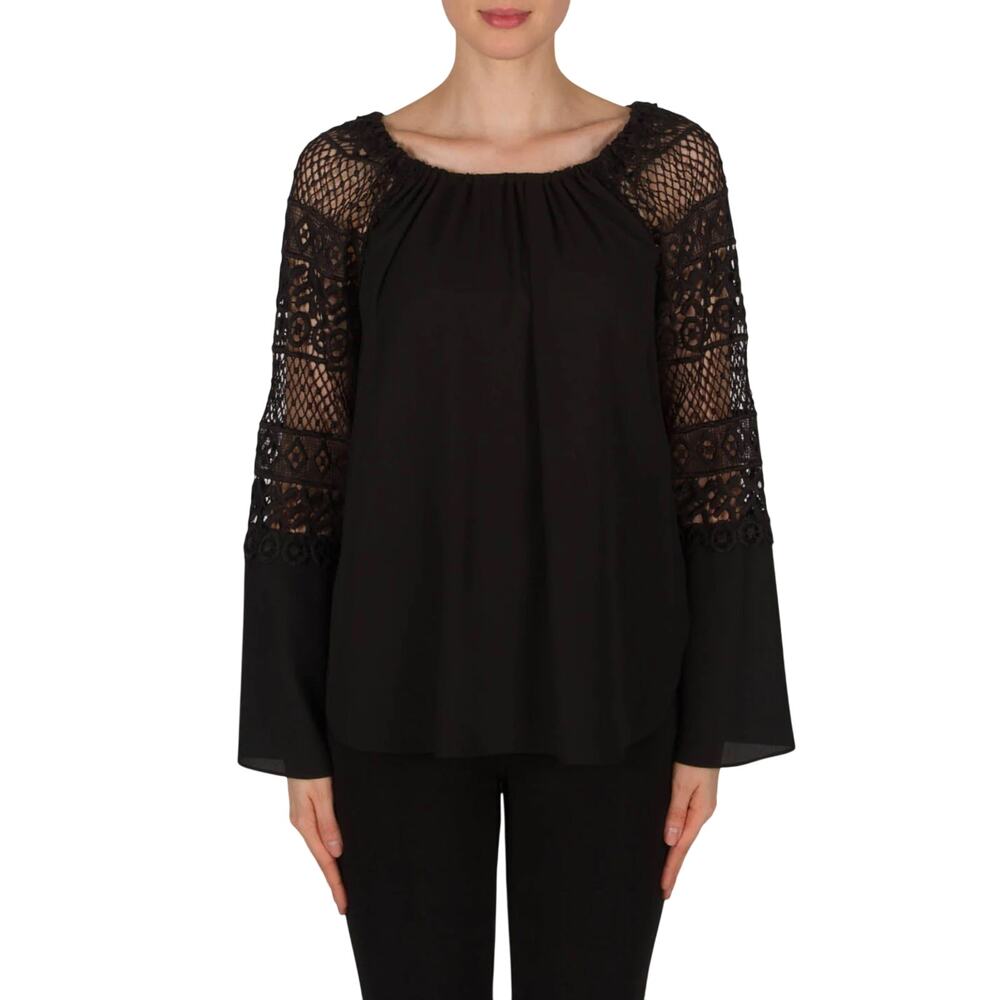 Joseph Ribkoff Black Crochet Lace Bell Sleeve Tunic Top Blouse Plus Size 16